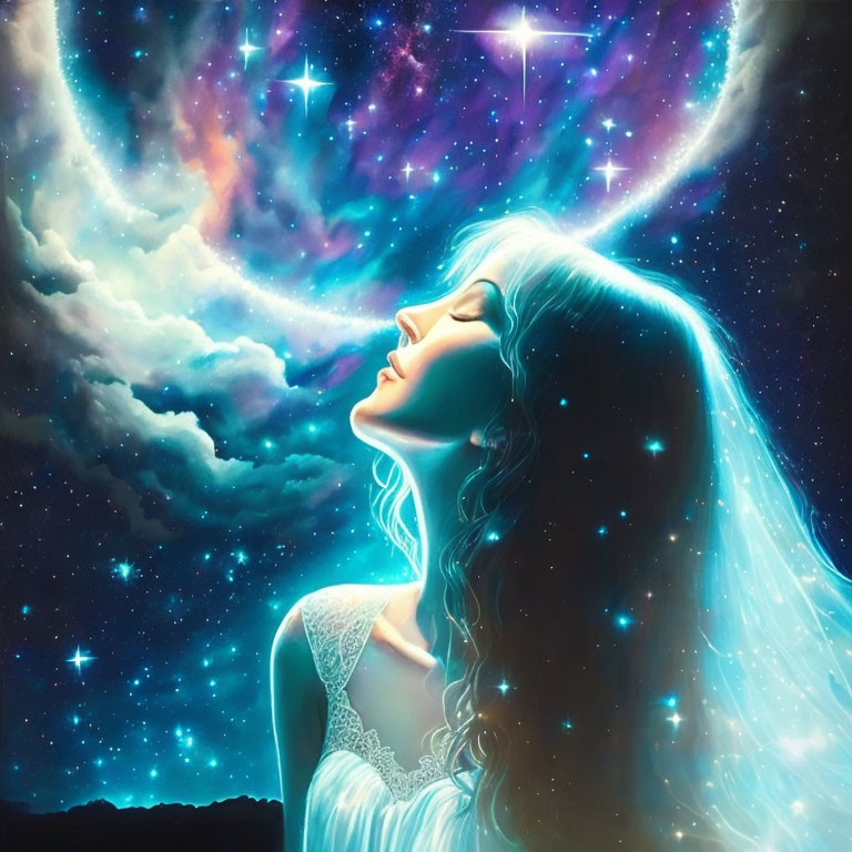 Silhouette of a Woman with Flowing Hair in Cosmic Sky