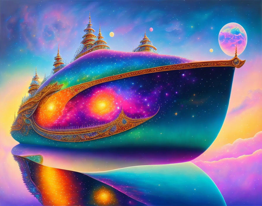 Colorful surreal artwork: cosmic genie's lamp in galaxy with towers, reflective surface, distant planet