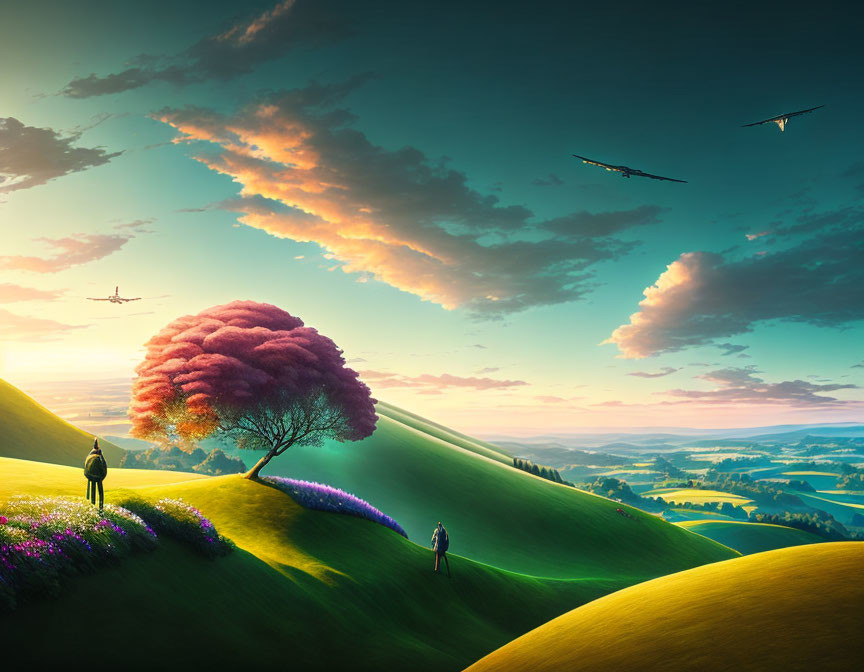 Colorful Tree and Rolling Hills in Vibrant Landscape with People and Airplanes