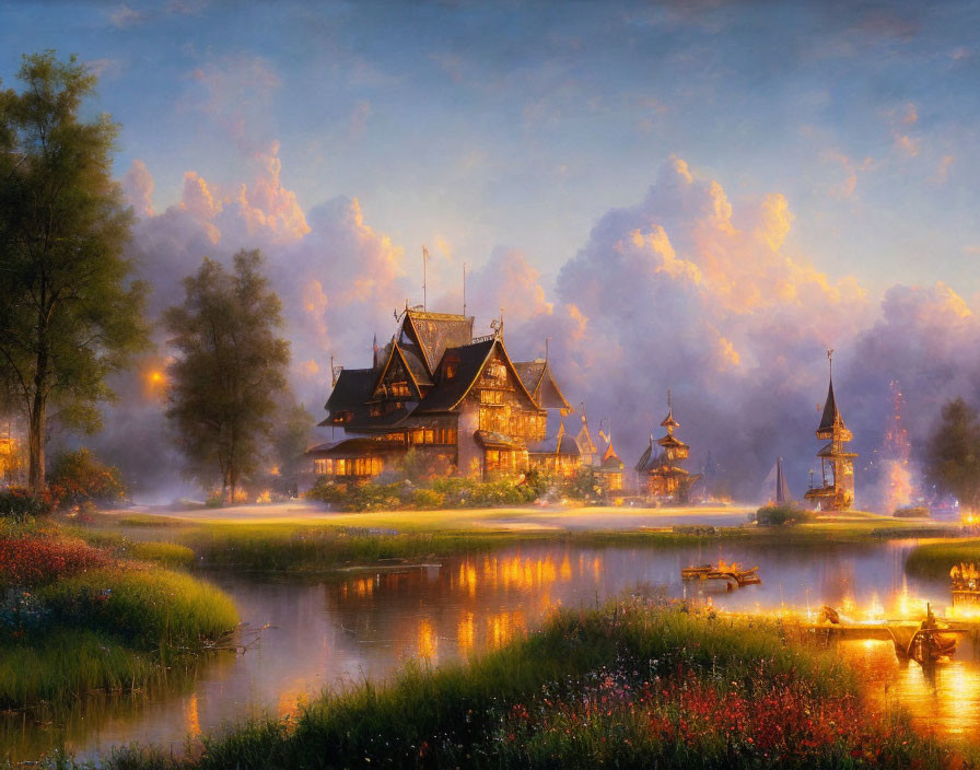 Traditional House by Lake Surrounded by Lush Flora at Dawn