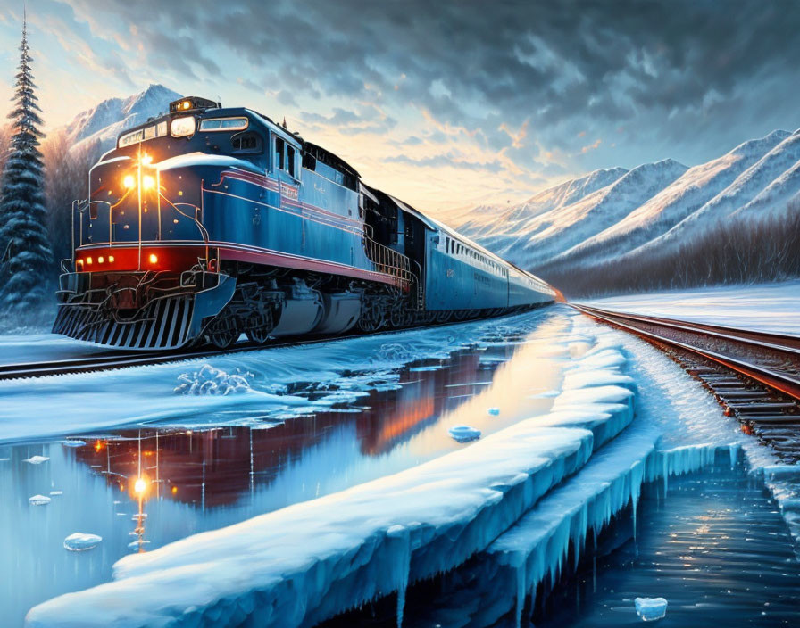 Blue train on snow-covered tracks in wintry landscape