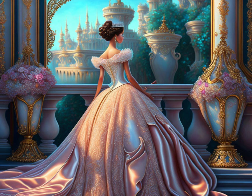 Princess in Lavish Ball Gown Admiring Majestic Castle