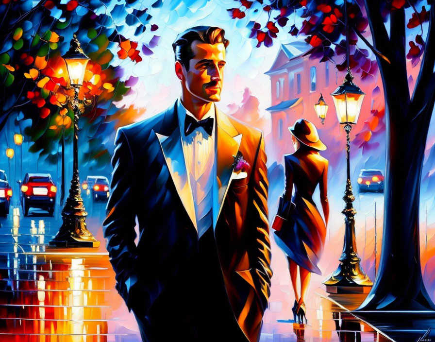 Colorful Painting of Dapper Man in Tuxedo on City Street