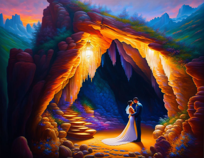 Embracing couple in vibrant cave with mystical landscape under twilight sky