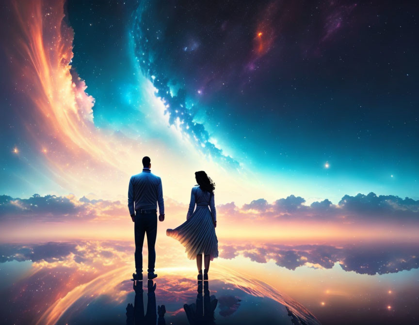 Couple holding hands under cosmic sky reflection