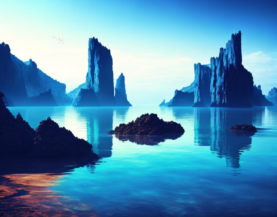 Tranquil Blue Sea and Towering Rock Formations at Dawn/Dusk