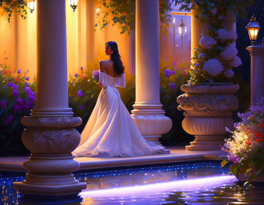 Woman in White Gown Contemplating Night Garden