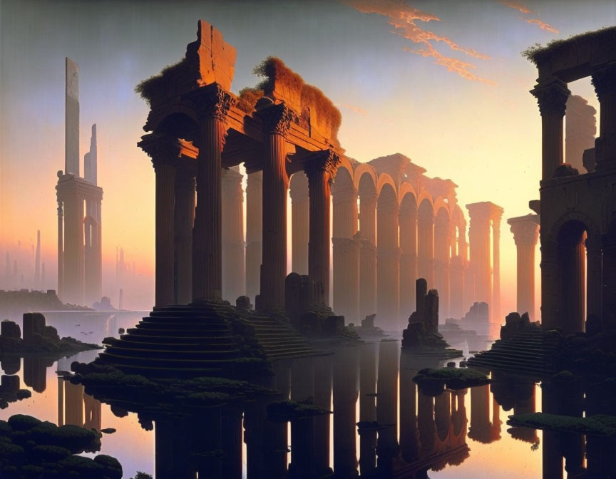 Classical columns and arches in tranquil water at sunrise