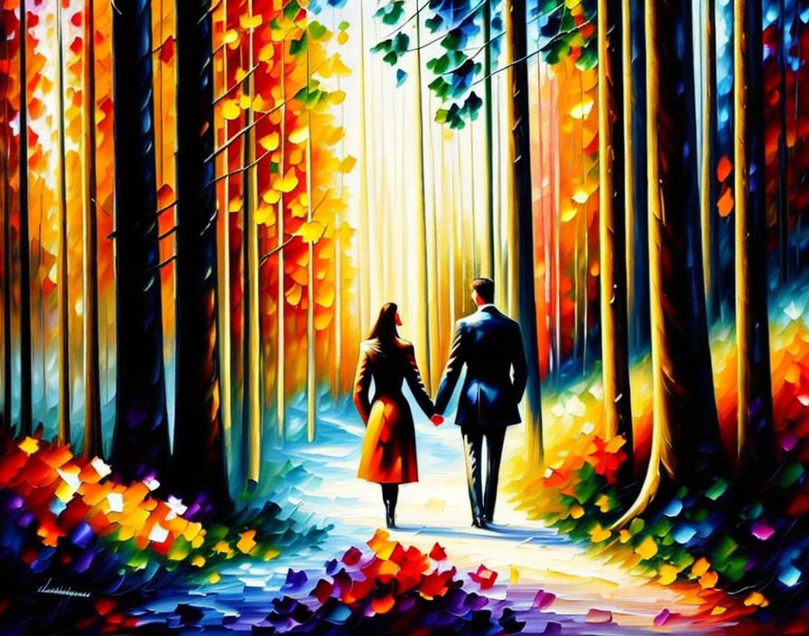 Colorful Autumn Forest Painting: Couple Walking Hand in Hand