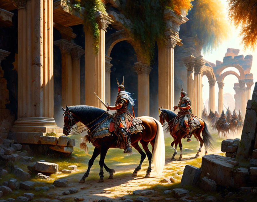 Medieval knights on horseback in ornate armor among ancient ruins.