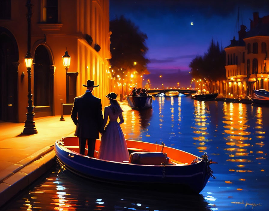 Nighttime canal scene with couple by boat, streetlights, buildings, and crescent moon