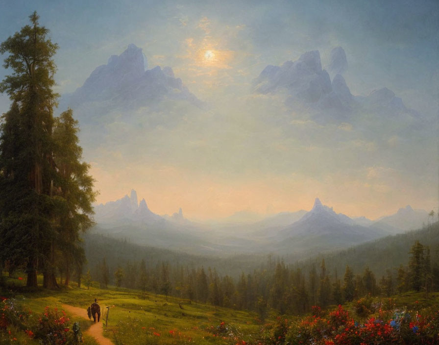 Tranquil landscape painting: couple strolling in meadow towards distant mountains at sunset