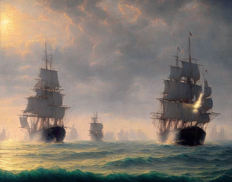 Sailing ships on turbulent sea under dramatic cloudy sky