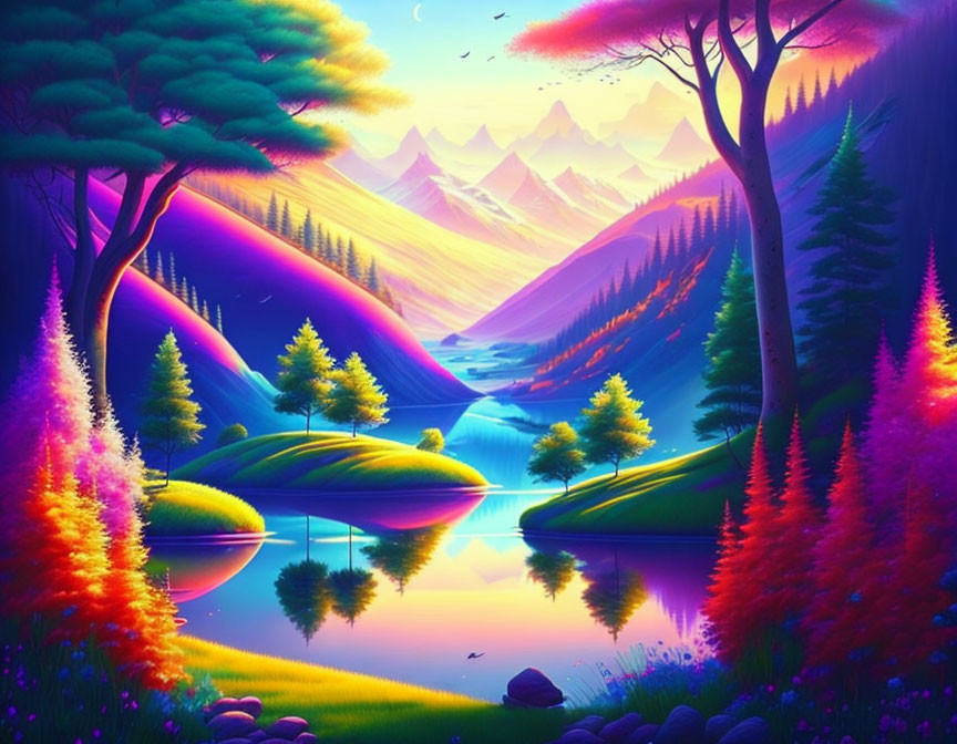 Colorful Landscape with Purple Skies, Pink and Blue Trees, Lake, Mountains