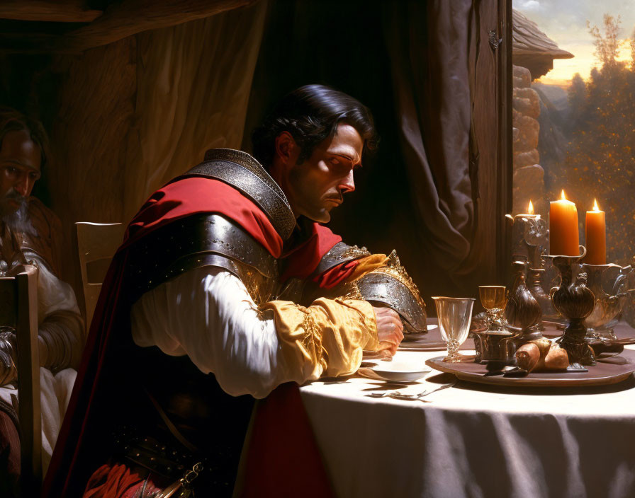 Knight in red cape and armor contemplating at table with candles, holding helmet, with older man in background