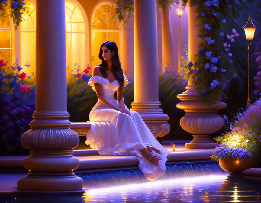 Woman in white gown by fountain at night with lantern light and flowers.