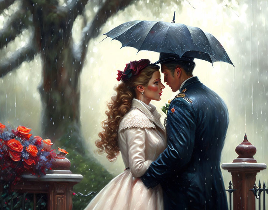 Couple under umbrella in romantic rain scene with greenery and red flowers