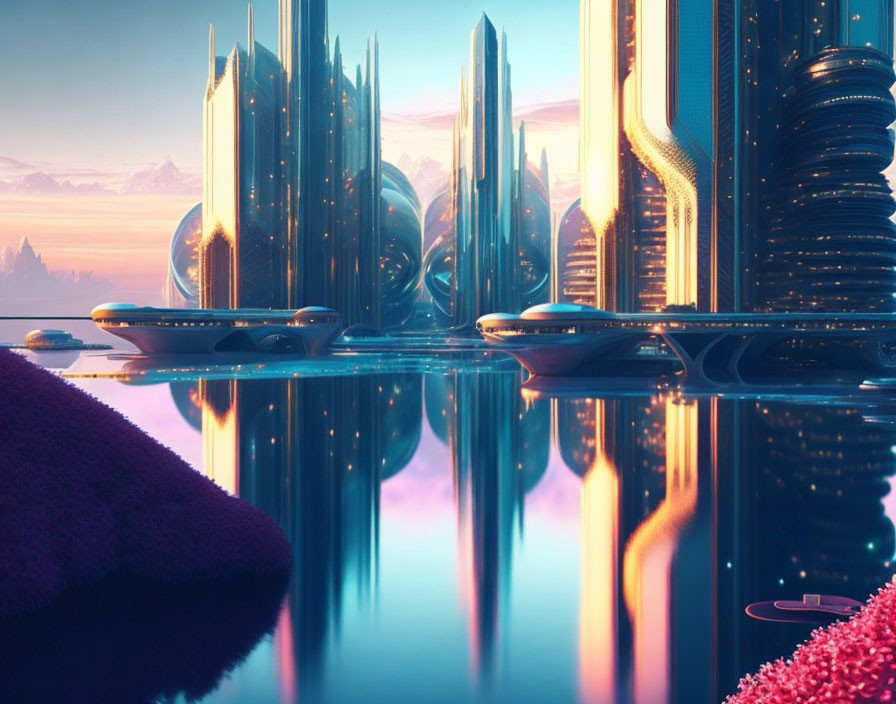 Reflective skyscrapers in a futuristic cityscape at dusk