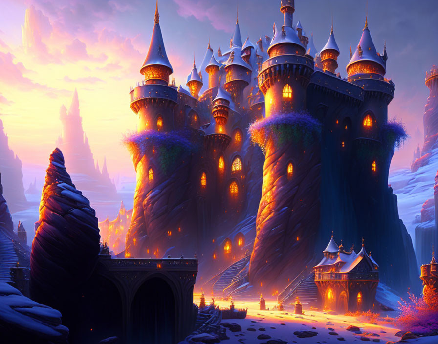 Glowing castle on rocky spires in snowy twilight landscape