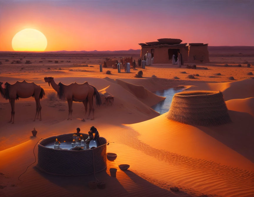 Desert sunset scene with pool, camels, traditional buildings, and large sun