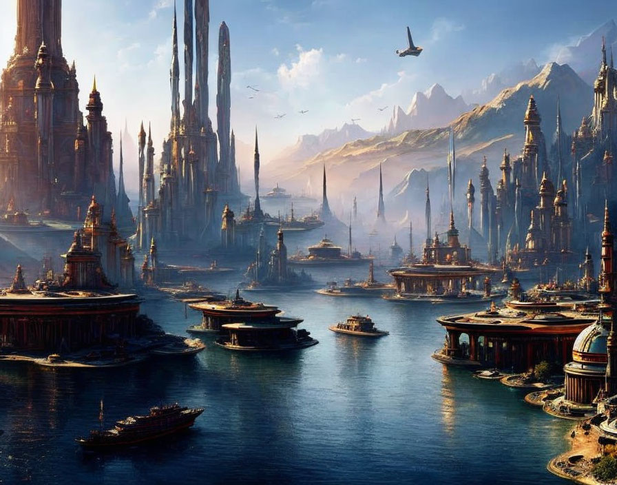 Majestic cityscape with spires, ships, and mountains in a hazy sky