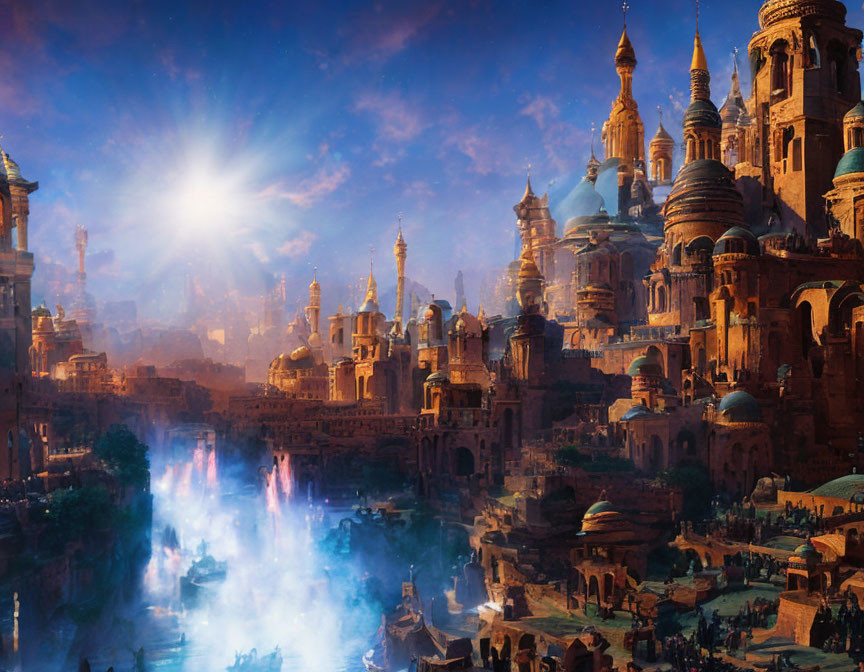 Golden and Blue Domed Fantastical Cityscape under Bright Sun