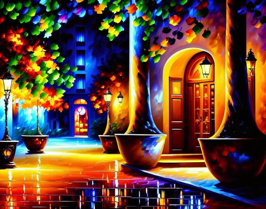 Colorful Cobblestone Street Painting with Glowing Lamps