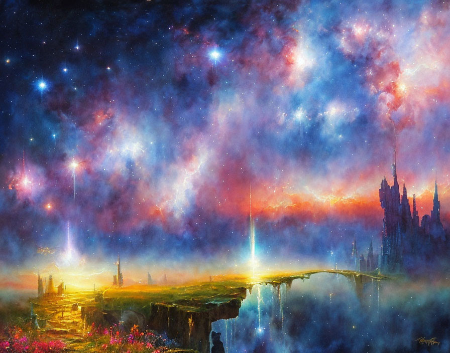 Colorful cosmic landscape with starry nebula, castle silhouette, bridge, and celestial sky.