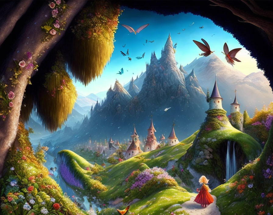 Enchanting fairy-tale landscape with castles, waterfall, mountains, woman in red dress,