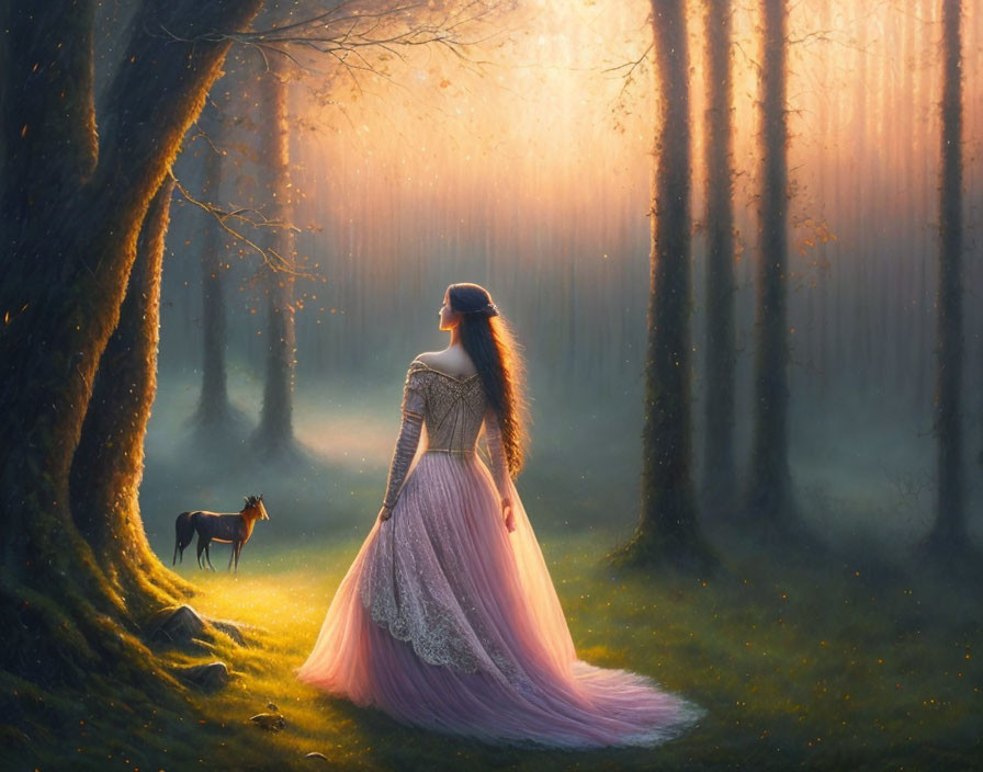 Woman in Pink Vintage Dress Stands in Sunlit Forest with Small Horse