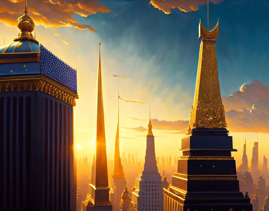 Fantastical cityscape at sunset with golden spires and ornate towers