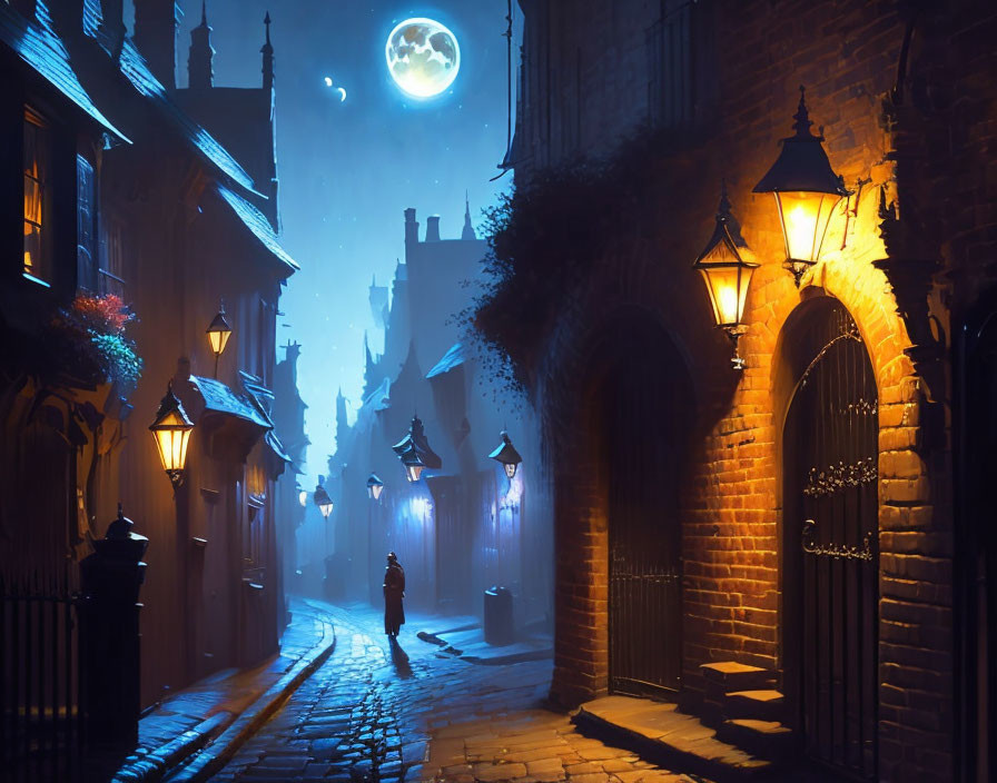 Night scene: Figure walking on lamp-lit cobblestone street under full moon