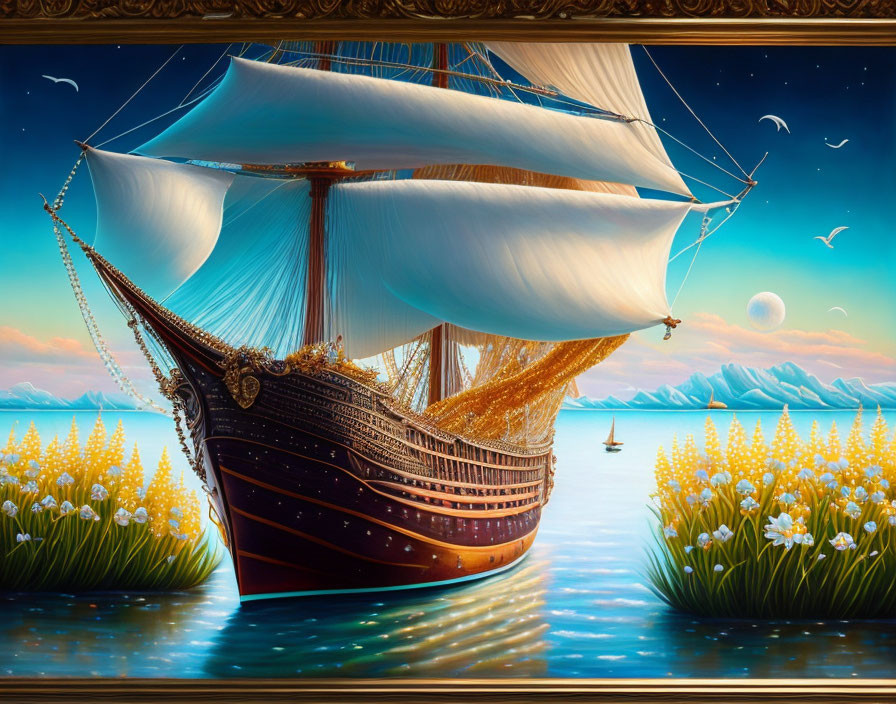 Sailing ship in surreal sea of yellow flowers at twilight