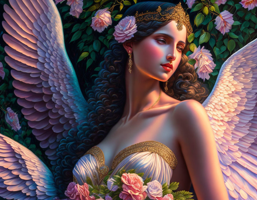 Ethereal artwork of winged woman with tiara in lush flora