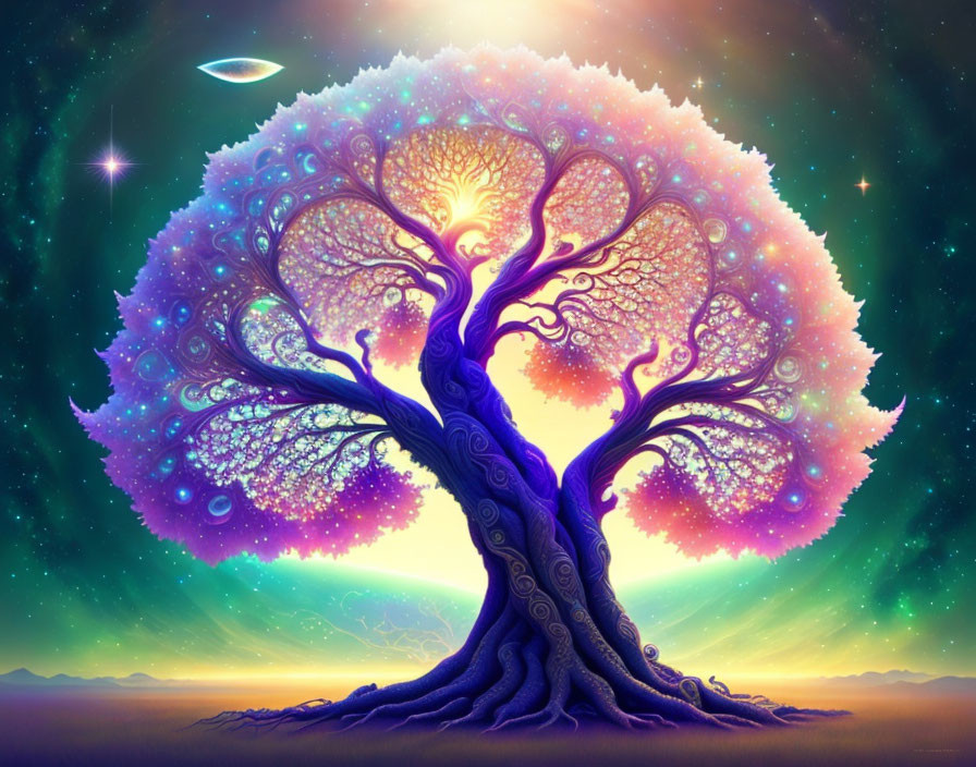 Colorful mystical tree illustration under starry sky with UFO and planets