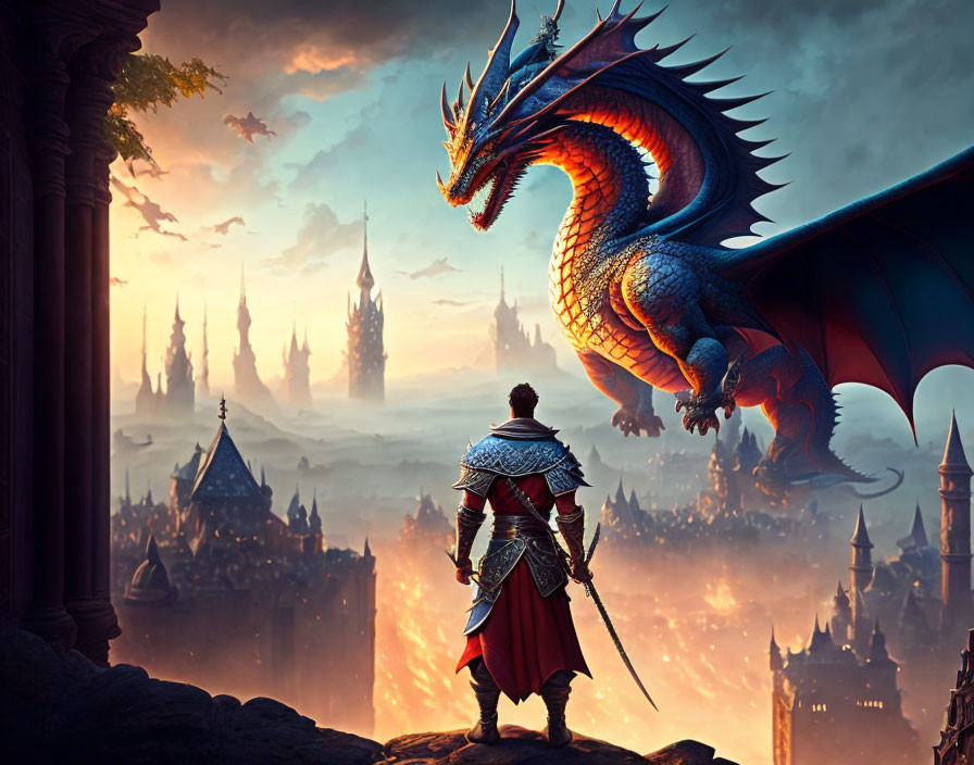 Knight observing dragon on cliff with castle and sunset backdrop