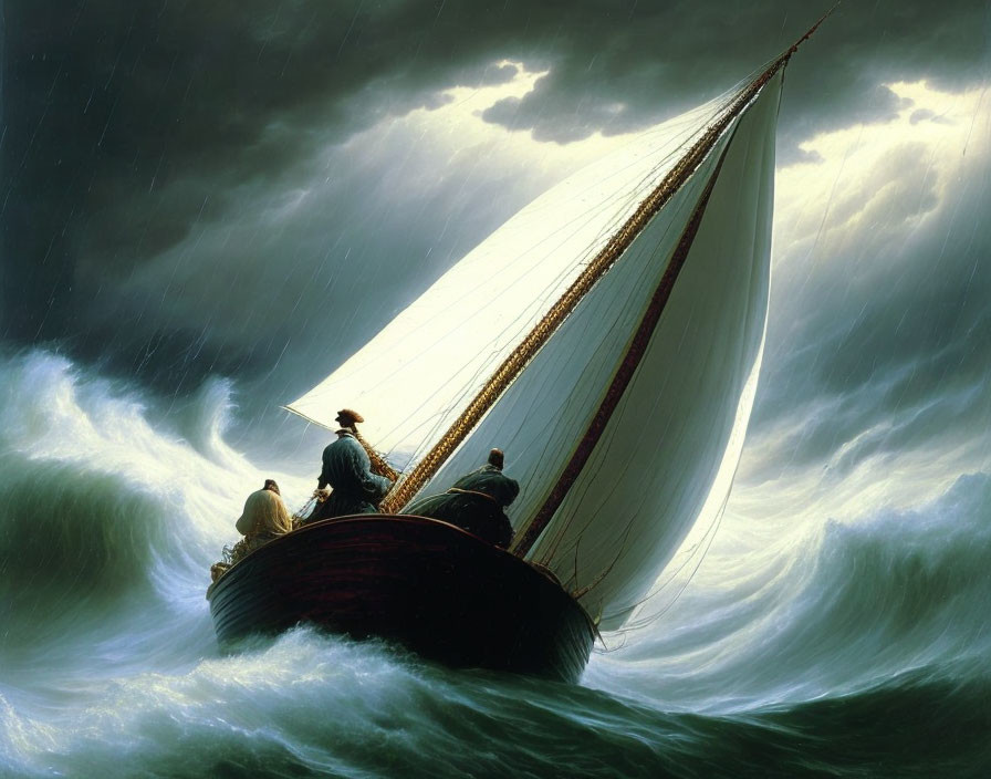 Sailboat and crew navigating stormy seas with billowing sails