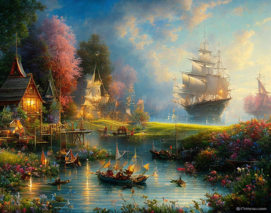 Vibrant waterfront scene with blossoming trees, quaint houses, boats, and sailing ships.