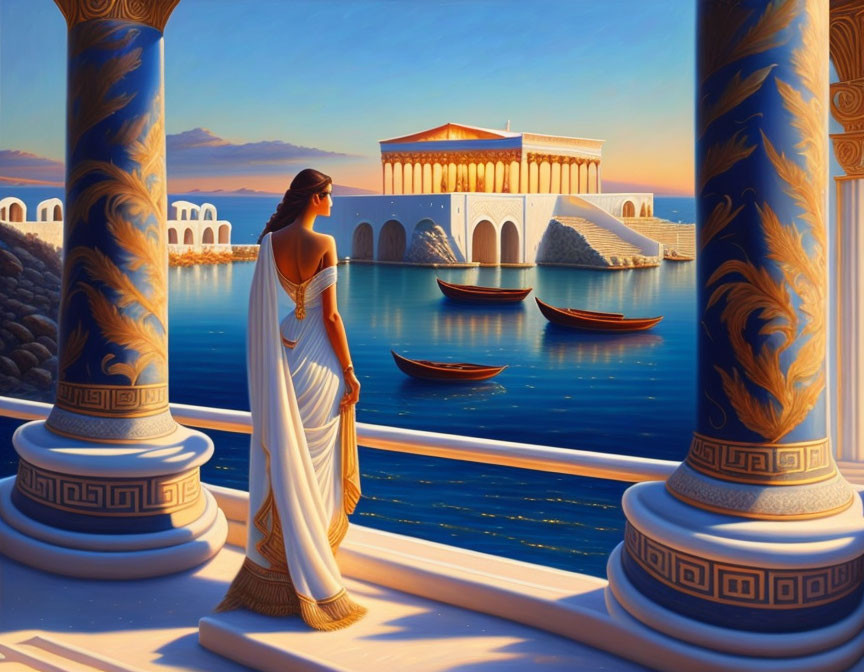 Ancient Greek woman on balcony overlooking serene harbor at sunset