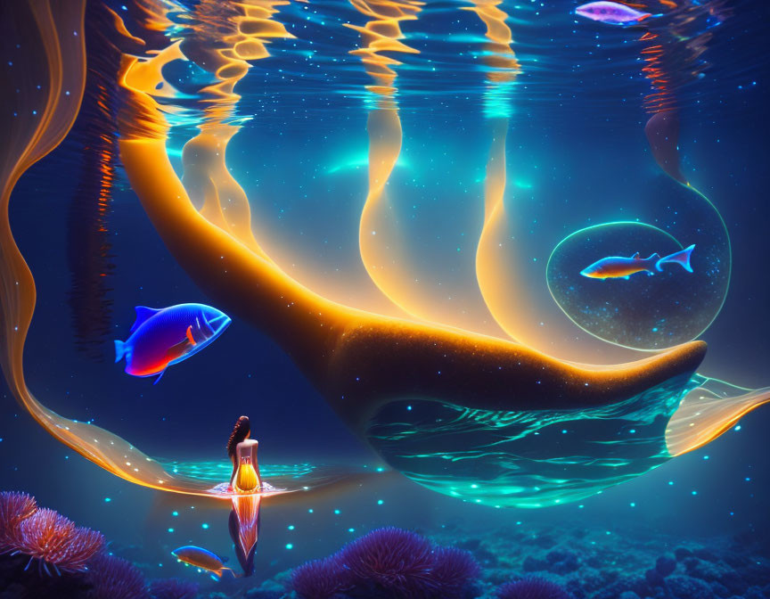 Vibrant fish swim in surreal underwater scene with person on rock