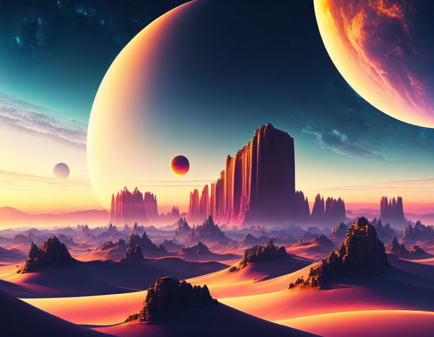 Surreal desert landscape with towering rock formations and oversized planets under orange-purple sky