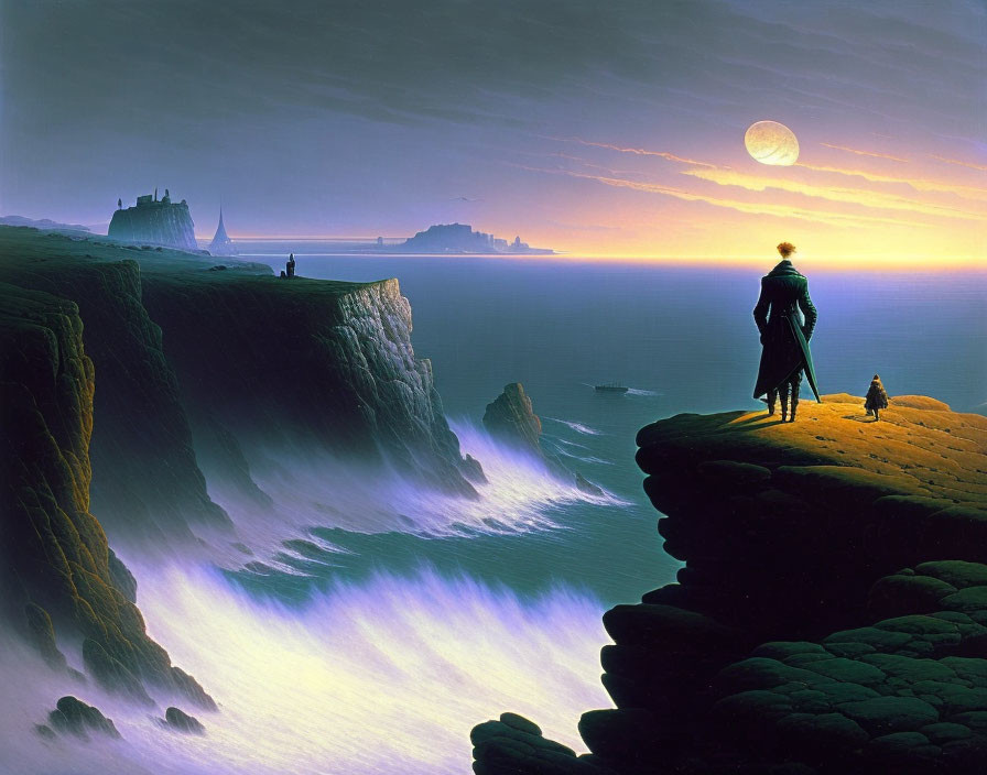 Person with dog on cliff overlooking misty sea, castles, moonlit twilight sky