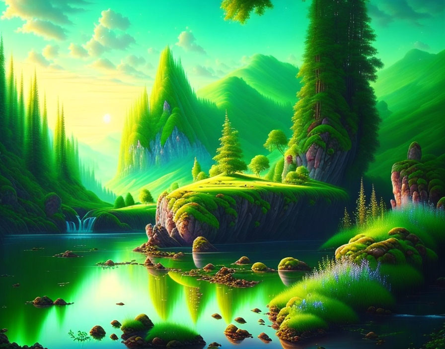 Lush greenery and towering hills in a vibrant fantasy landscape