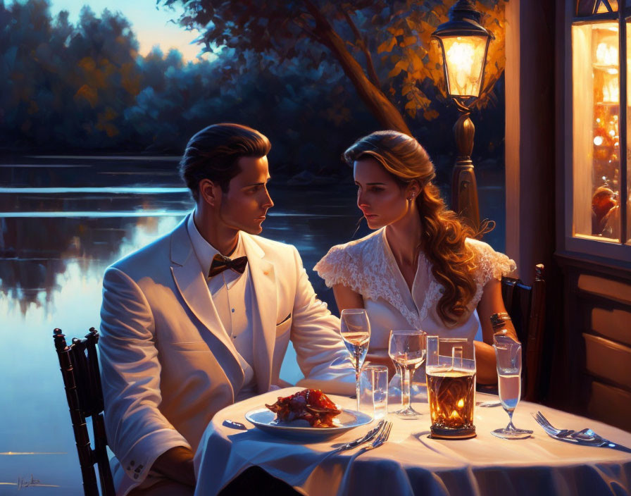 Romantic Candlelit Dinner by Riverside with Serene Night View