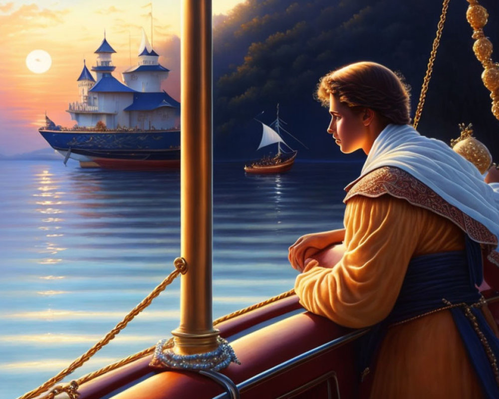 Person in historical clothing on ship deck gazing at castle under moonlit sky