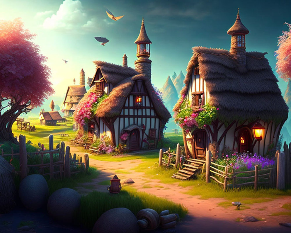 Enchanting fantasy village with thatched cottages and stone structures