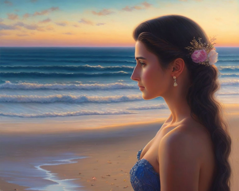 Woman in Blue Dress Watching Sunset by Ocean with Flowers in Hair