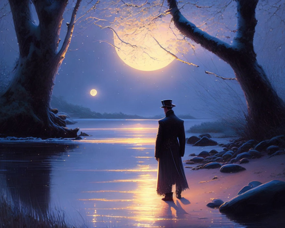 Cloaked figure by tranquil riverside under radiant moon