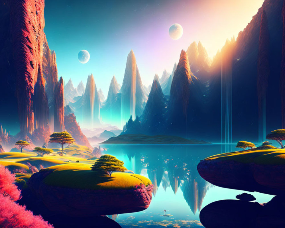 Fantastical landscape with towering spires, reflective lake, lush vegetation, and two moons