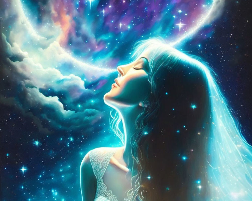 Silhouette of a Woman with Flowing Hair in Cosmic Sky